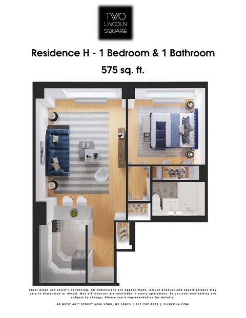 Floor plan for 1 bed, 1 bath, 575 sqft